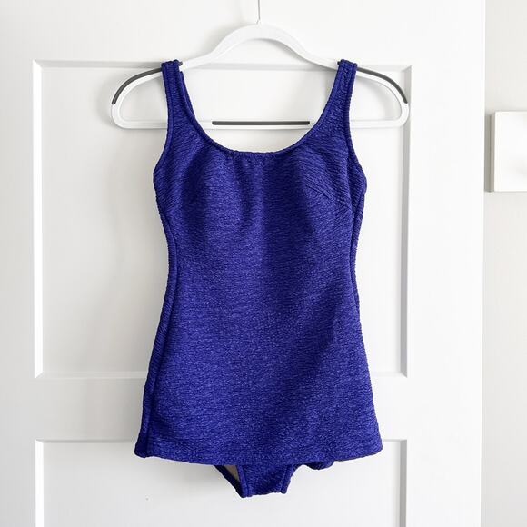 Vintage One Piece Swimsuit Women Size 12 Purple Textured Scoop Back Retro Style - Picture 1 of 7